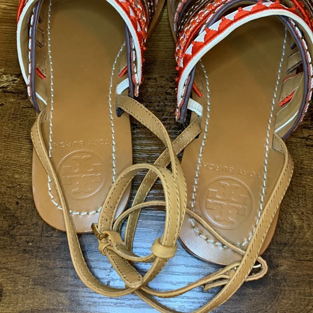 Tory Burch embroidered Poppy red multi sandals 6.5